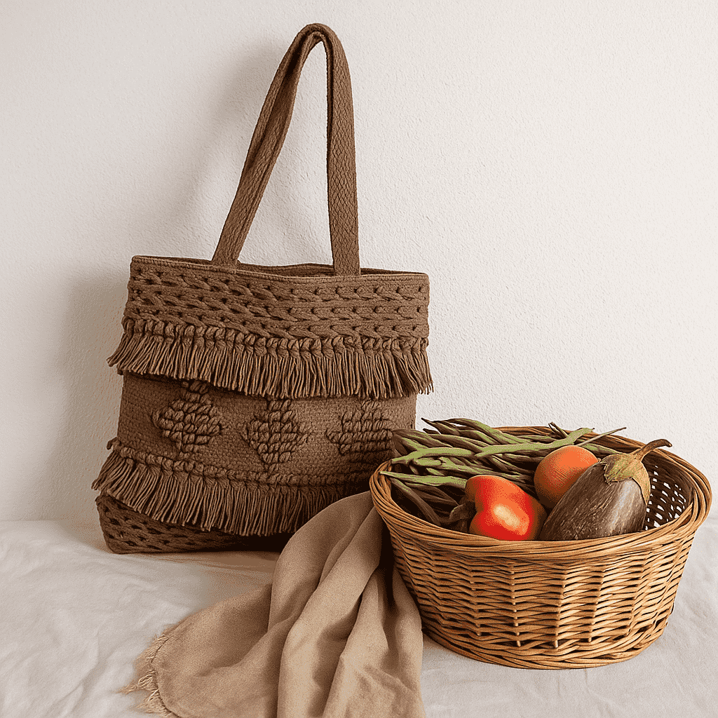 Tufted &amp; Tasseled Cocoa Tote Bag – Handcrafted Cotton Tote