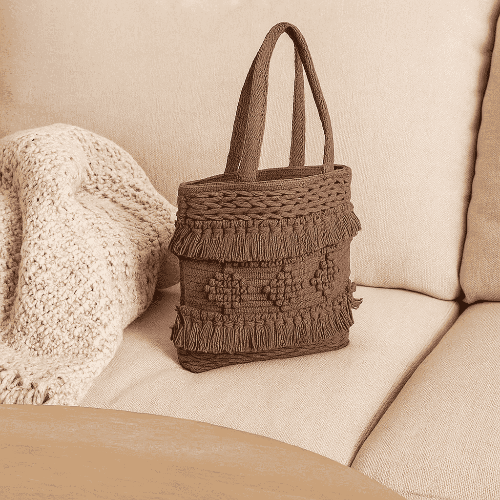 Tufted &amp; Tasseled Cocoa Tote Bag – Handcrafted Cotton Tote