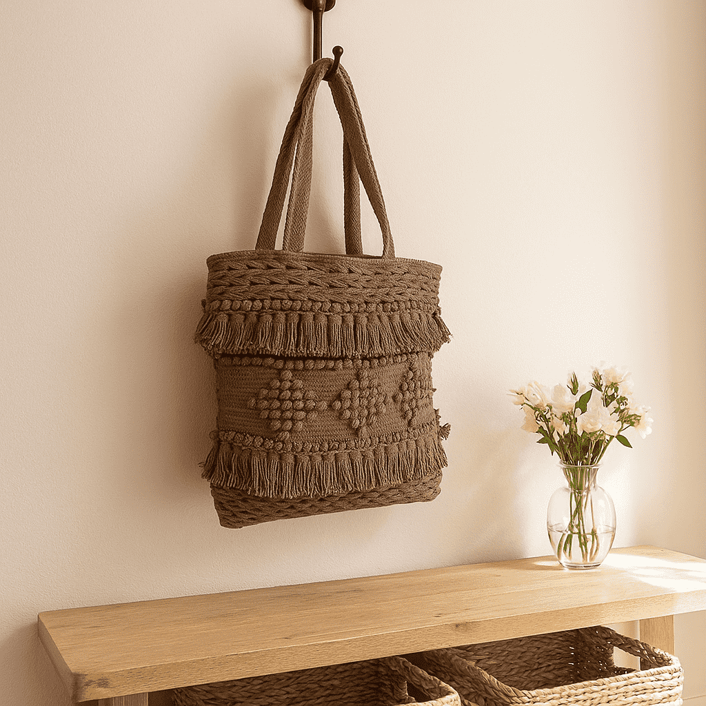 Tufted &amp; Tasseled Cocoa Tote Bag – Handcrafted Cotton Tote