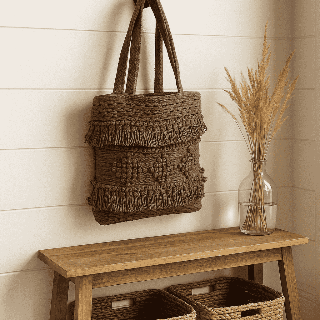Tufted & Tasseled Cocoa Tote Bag – Handcrafted Cotton Tote