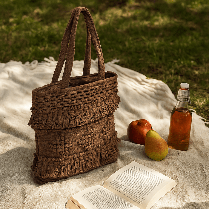 Tufted &amp; Tasseled Cocoa Tote Bag – Handcrafted Cotton Tote