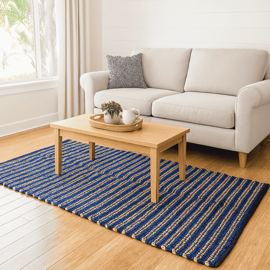 Handwoven Jute Striped Blue Rug – Artisan Floor Decor
