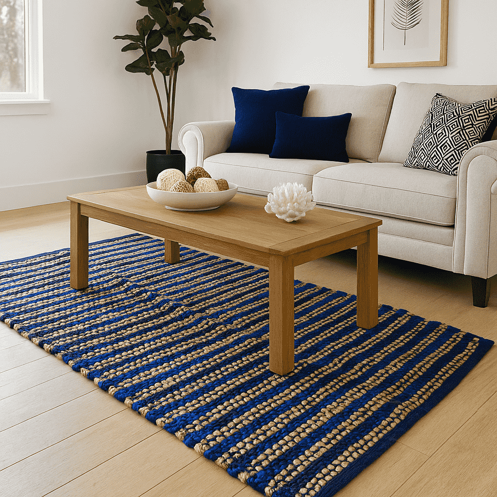 Handwoven Jute Striped Blue Rug – Artisan Floor Decor