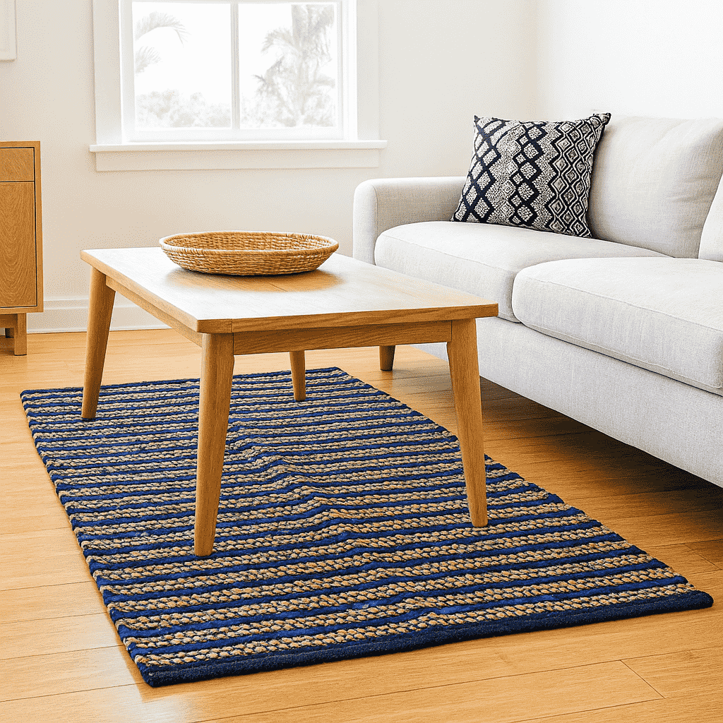 Handwoven Jute Striped Blue Rug – Artisan Floor Decor