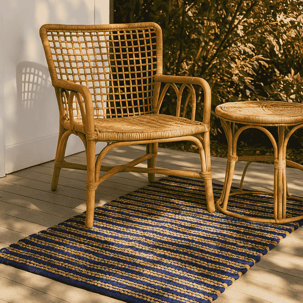 Handwoven Jute Striped Blue Rug – Artisan Floor Decor