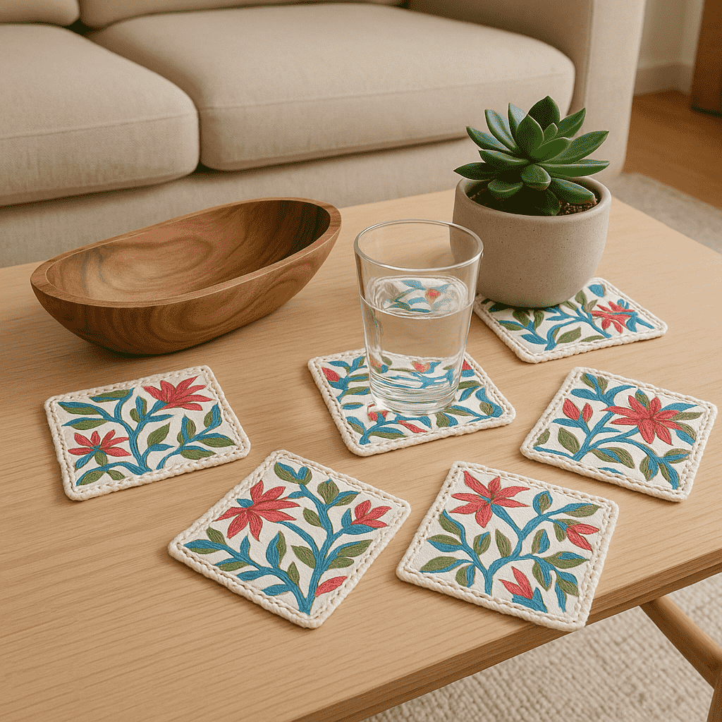 Block Printed Botanical Coasters – Handcrafted Cotton Set of 6