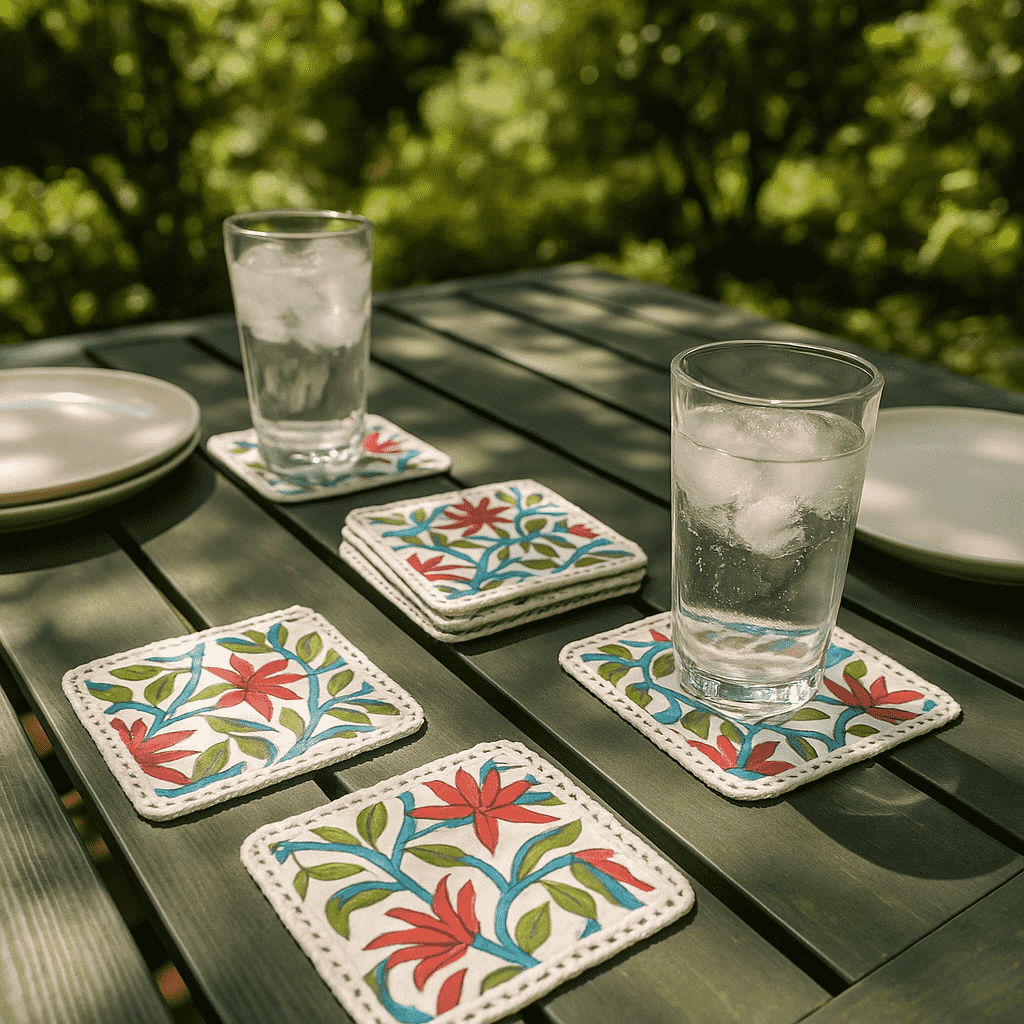 Block Printed Botanical Coasters – Handcrafted Cotton Set of 6