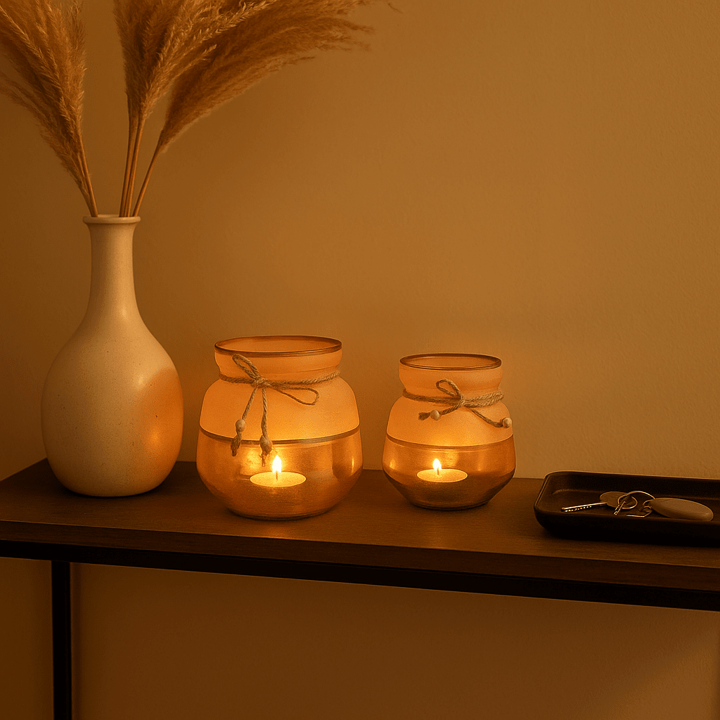 Toned Jute Ribbon Glass Votives – Handcrafted Candle Holder (Set of 2)