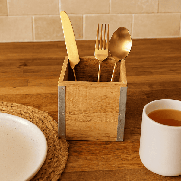 Mango Wood Cutlery Holder | Farmhouse Raw Wood Organiser