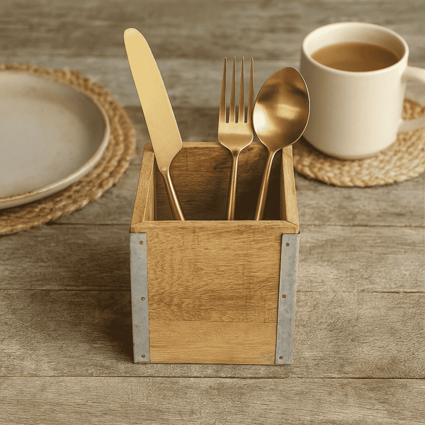 Mango Wood Cutlery Holder | Farmhouse Raw Wood Organiser
