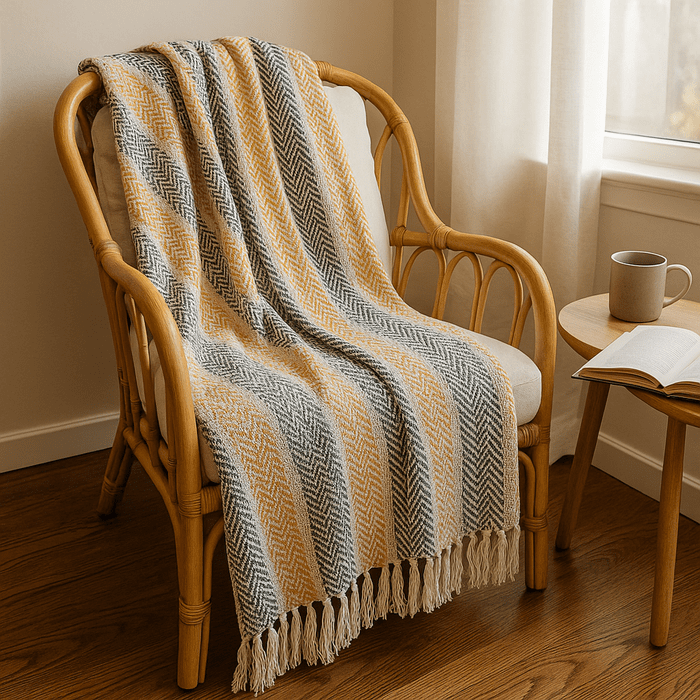 Cotton Chevron-Striped Throw with Tassels