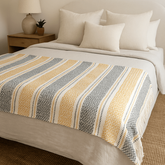 Cotton Chevron-Striped Throw with Tassels