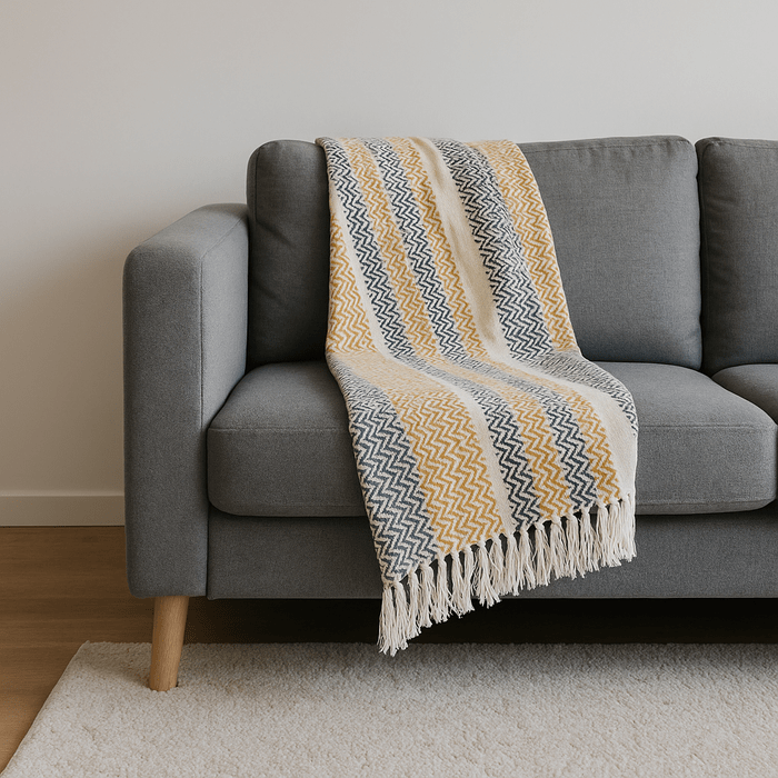 Cotton Chevron-Striped Throw with Tassels