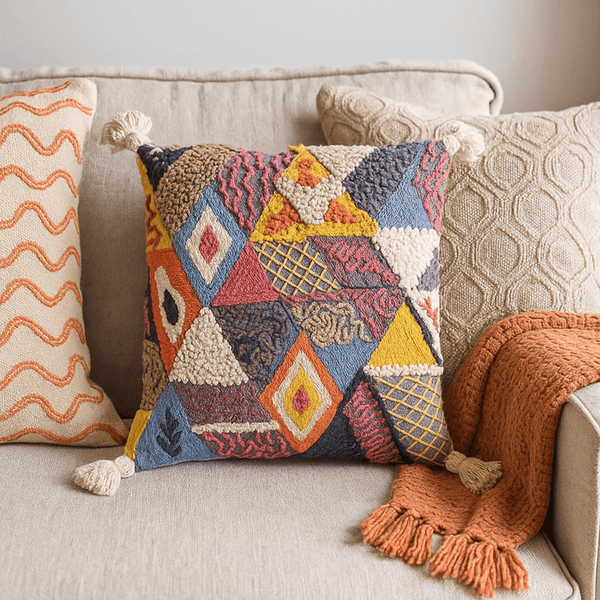 Colorful Tasseled Cushion | Embroidered Cotton Boho | Gleemium