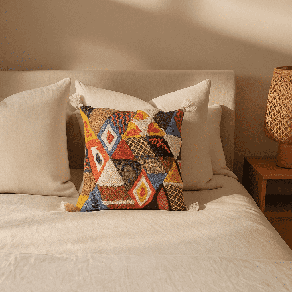 Embroidered &amp; Tasseled Cotton Cushion Cover – Vibrant Artisan Accent
