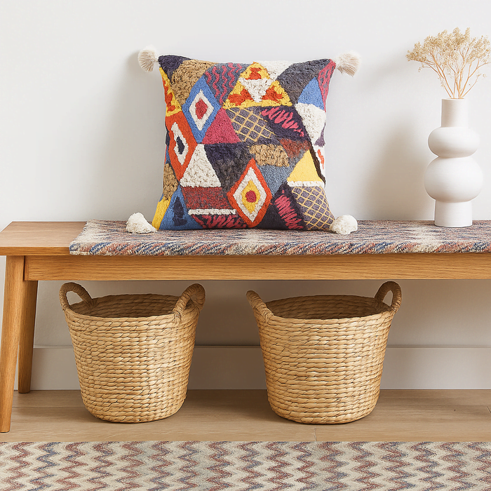 Embroidered & Tasseled Cotton Cushion Cover – Vibrant Artisan Accent