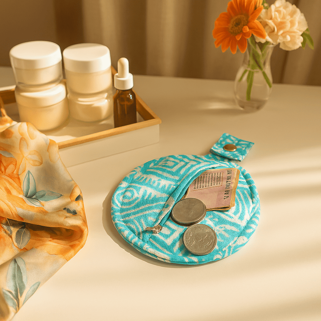 Printed Sky Blue Mini Pouch – Handmade Pouch Bag