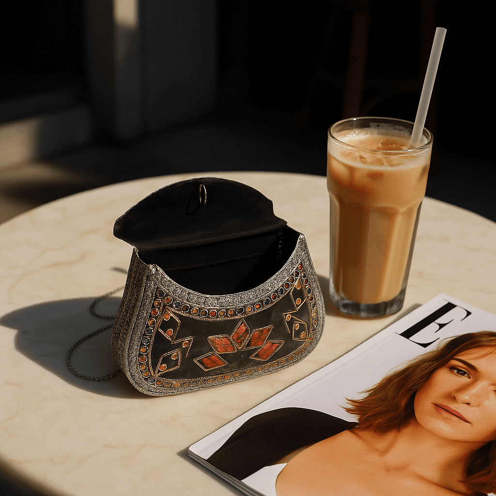 Mosaic Antique Metal Clutch with Chain Sling