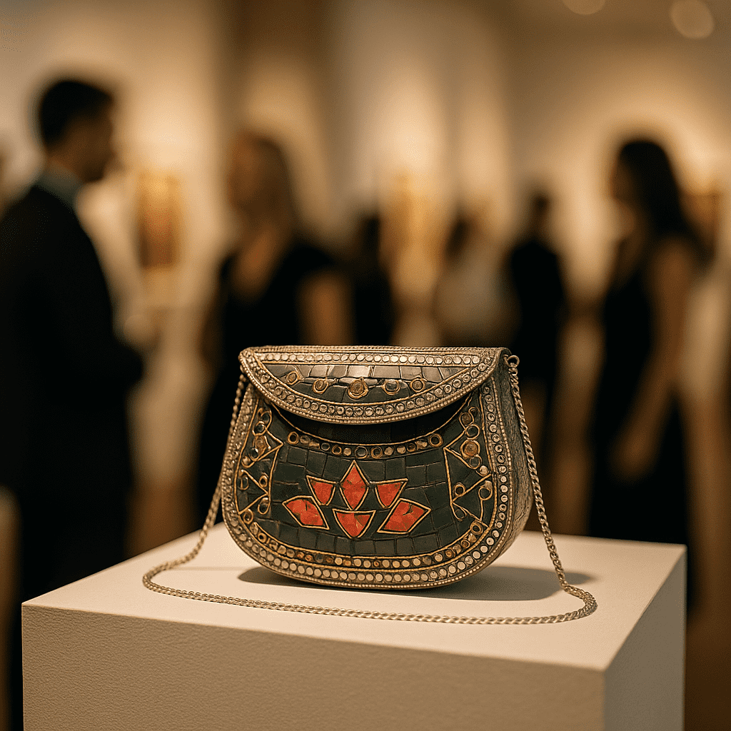 Mosaic Antique Metal Baguette Clutch with Chain Sling