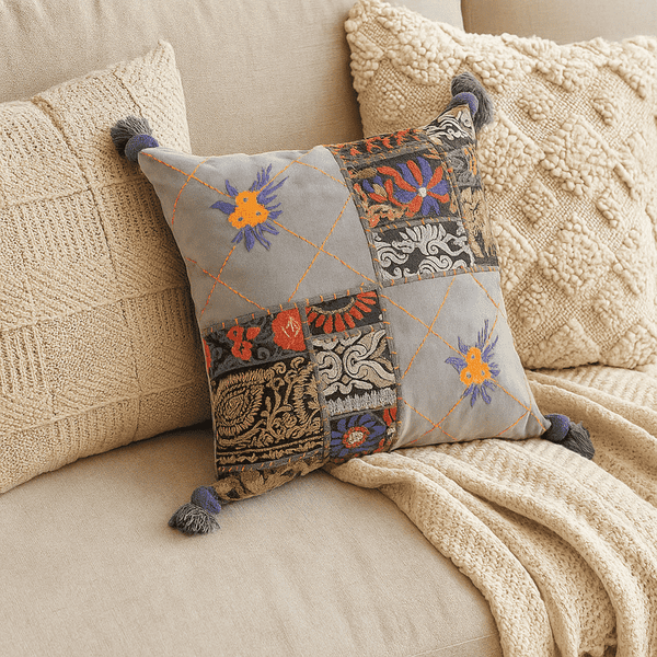Embroidered Patchwork Cushion Cover | Cotton Artisan Tasseled Boho Decor