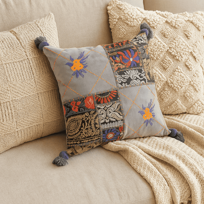 Embroidered Patchwork Cotton Cushion Cover – Artisan Tasseled Accent