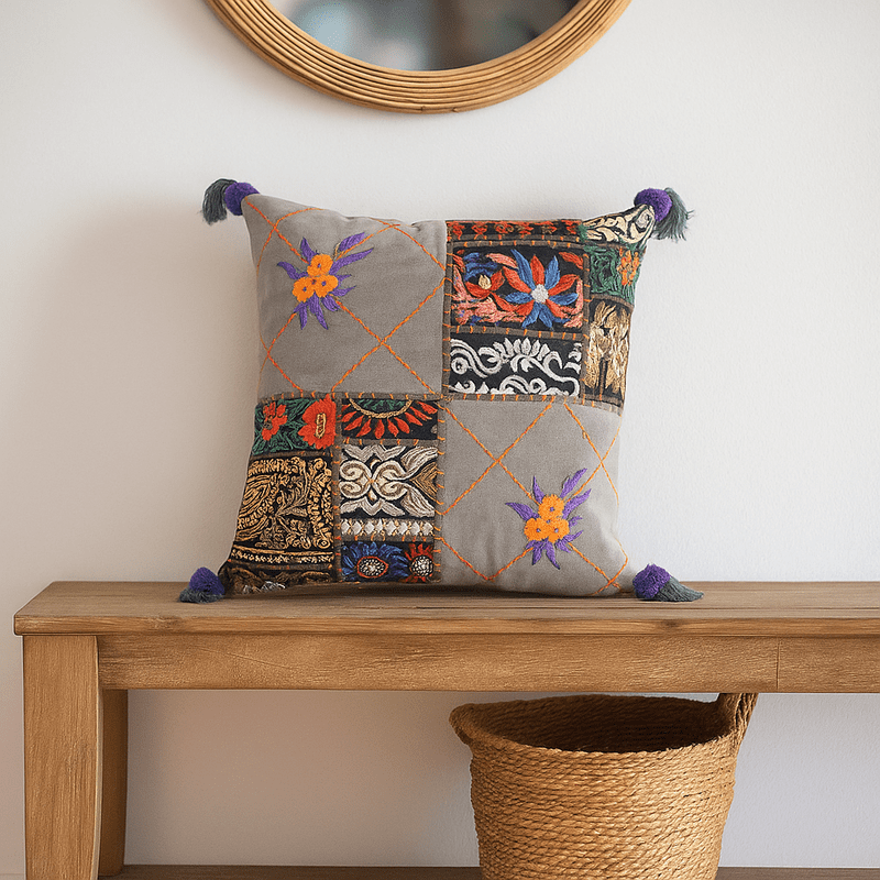Embroidered Patchwork Cotton Cushion Cover – Artisan Tasseled Accent