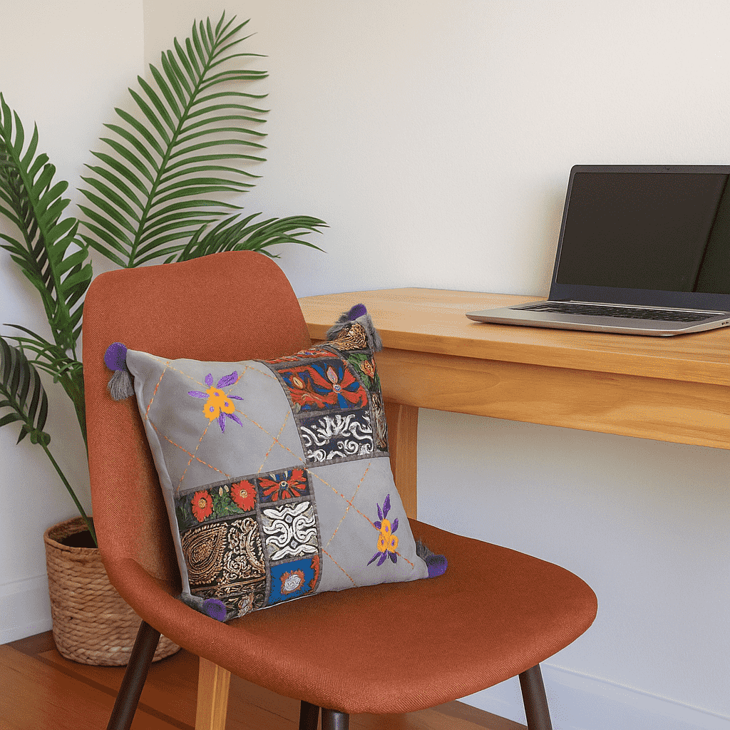 Embroidered Patchwork Cotton Cushion Cover – Artisan Tasseled Accent