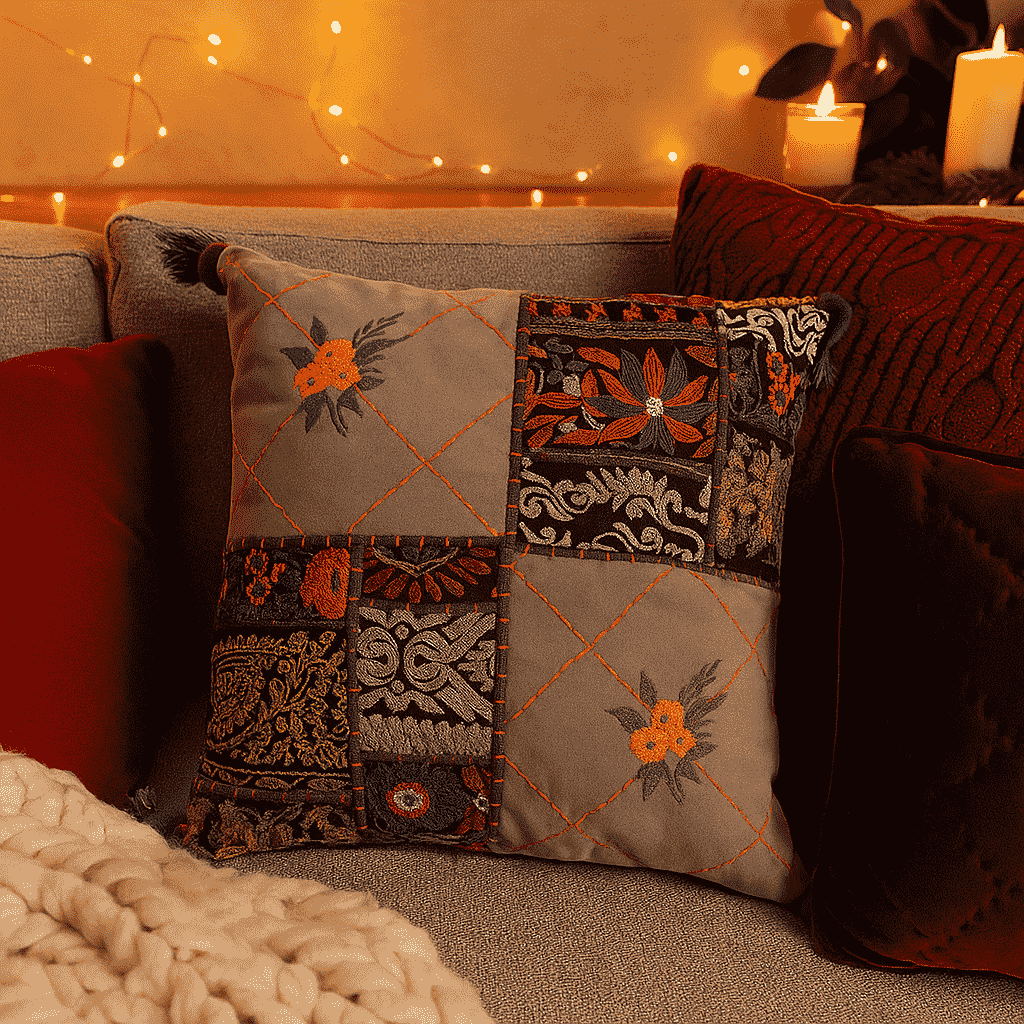 Embroidered Patchwork Cotton Cushion Cover – Artisan Tasseled Accent