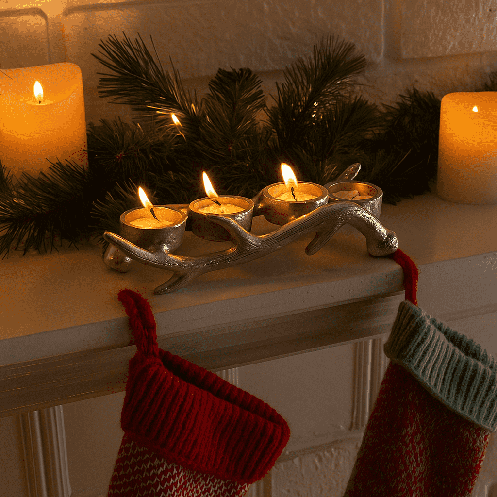 Silver Reindeer Horn Tealight Candle Holder – Festive Accent
