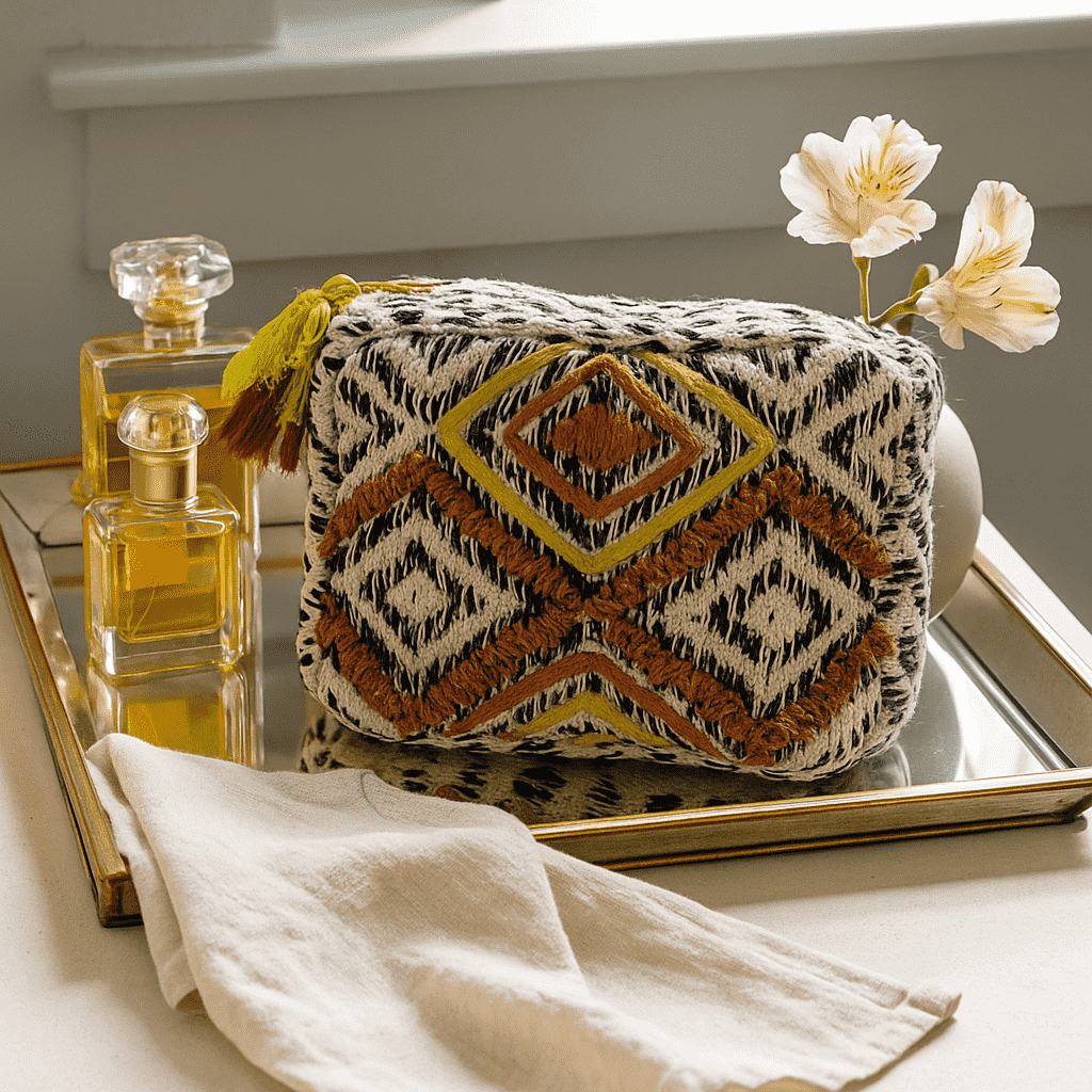 Embroidered Cotton Travel Pouch – Quilted Boho Organizer
