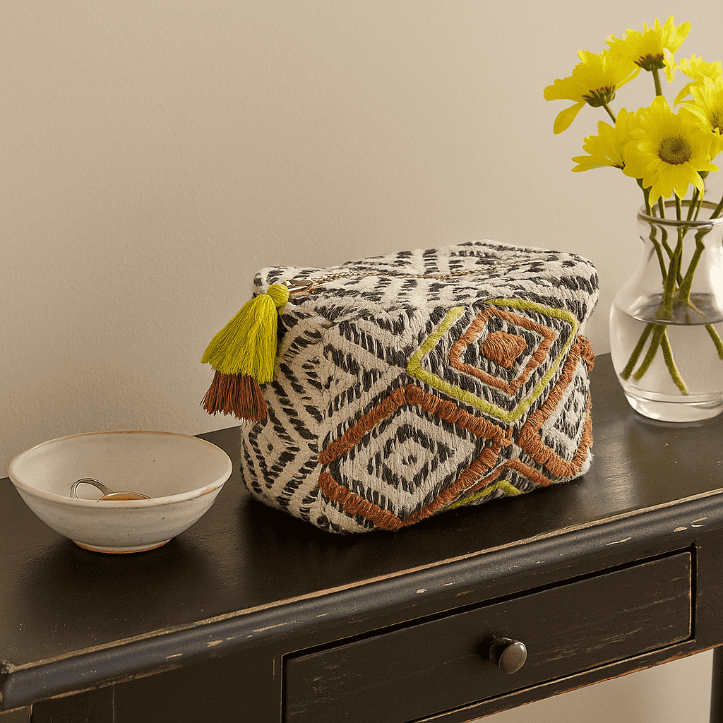 Embroidered Cotton Travel Pouch – Quilted Boho Organizer