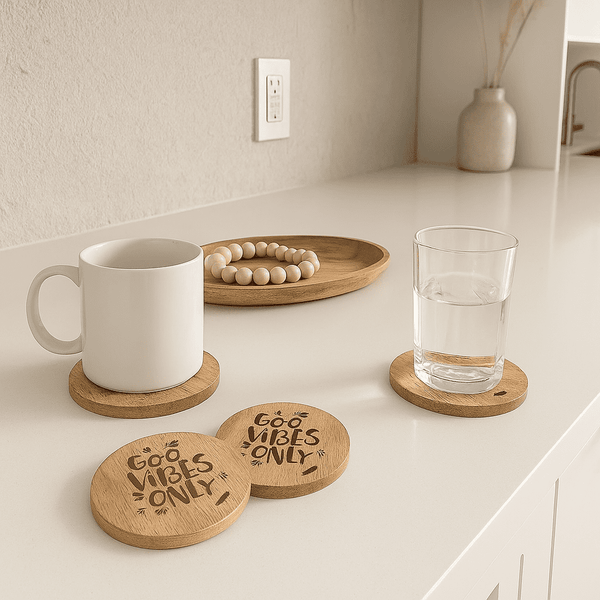 Good Vibes Coasters | Mango Wood Etched Set of 4