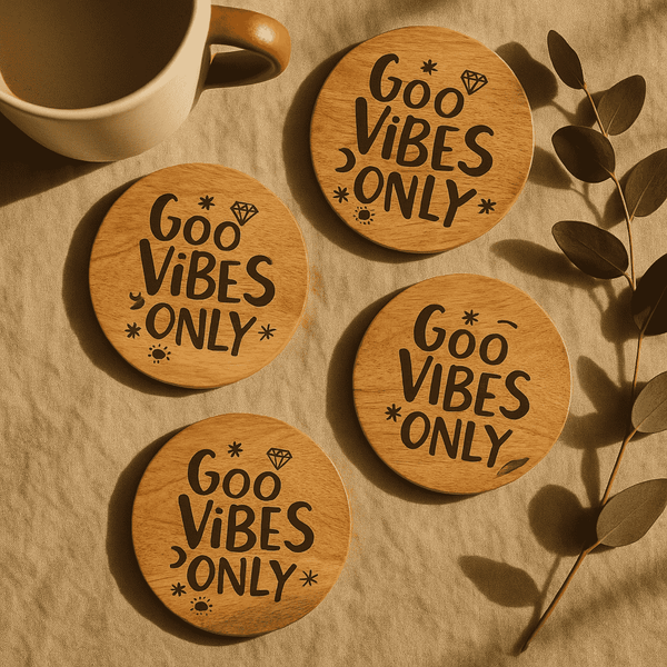 Good Vibes Coasters | Mango Wood Etched Set of 4