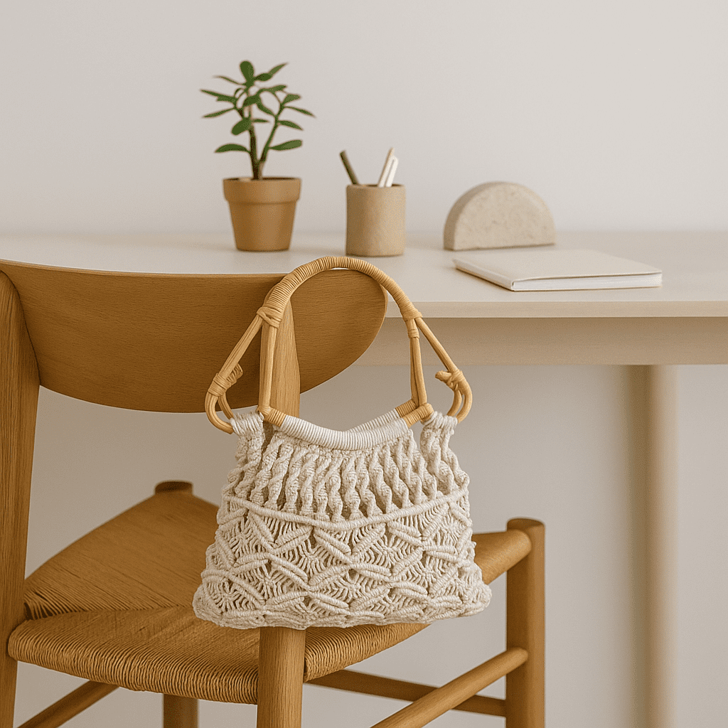 Boho Macrame Cotton Handbag with cane handles