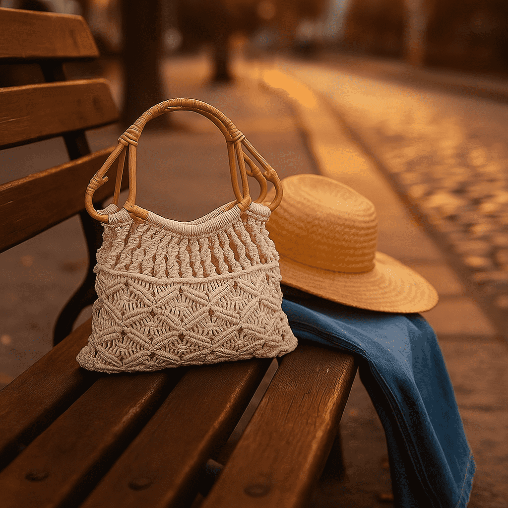 Boho Macrame Cotton Handbag with cane handles