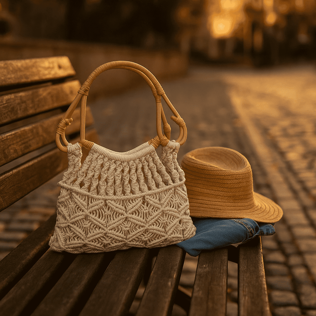 Boho Macrame Cotton Handbag with cane handles