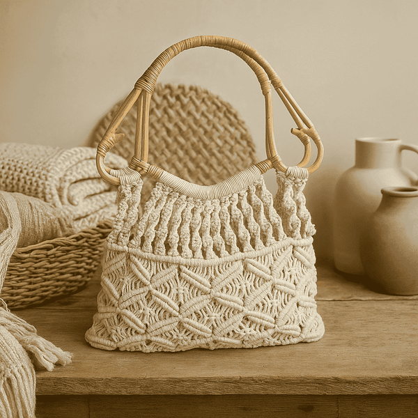 Boho Macrame Cotton Handbag with cane handles