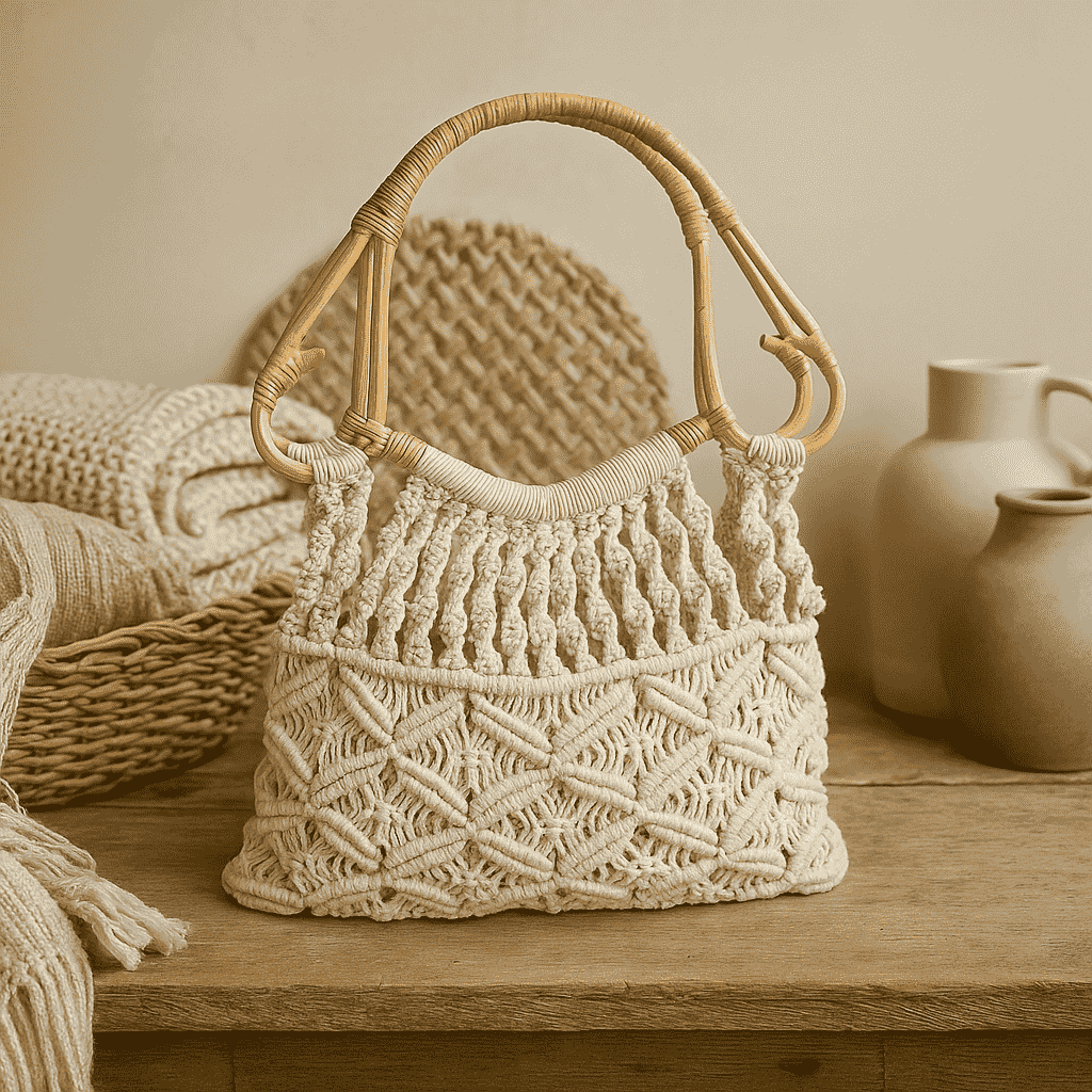 Boho Macrame Cotton Handbag with cane handles