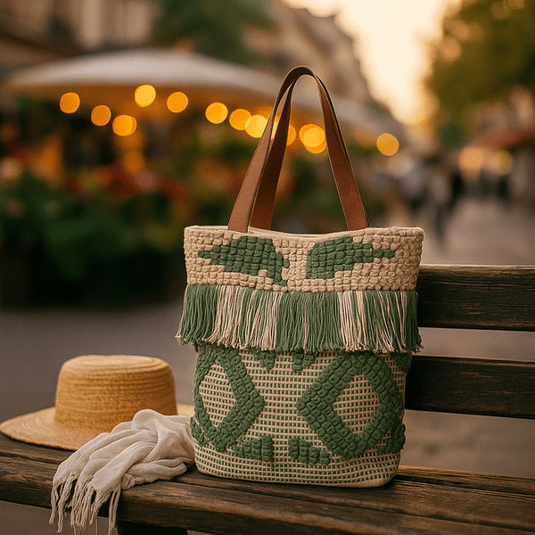 Olive Tassel Tote Bag | Hand Tufted Cotton | Gleemium