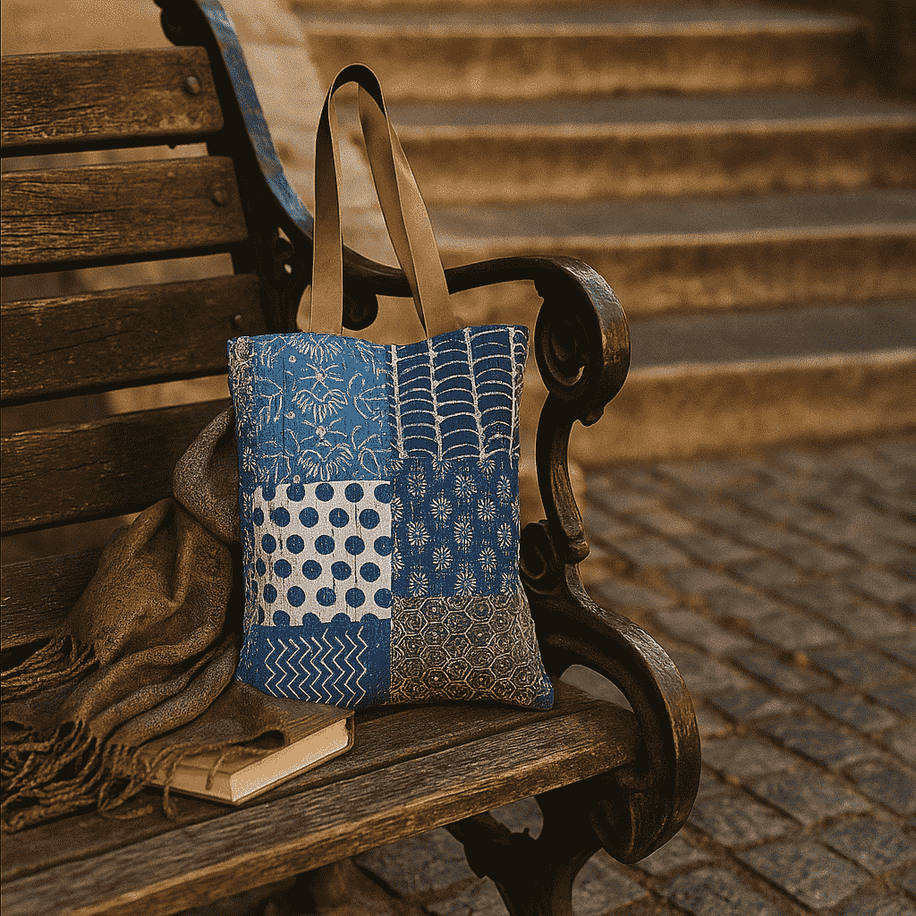 Abstract Indigo Patchwork &amp; Kantha Tote Bag