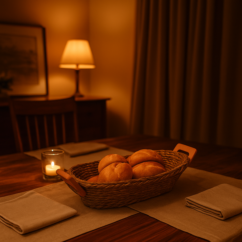 Wicker basket with bread on a table in a dimly lit room with a lamp and curtains.