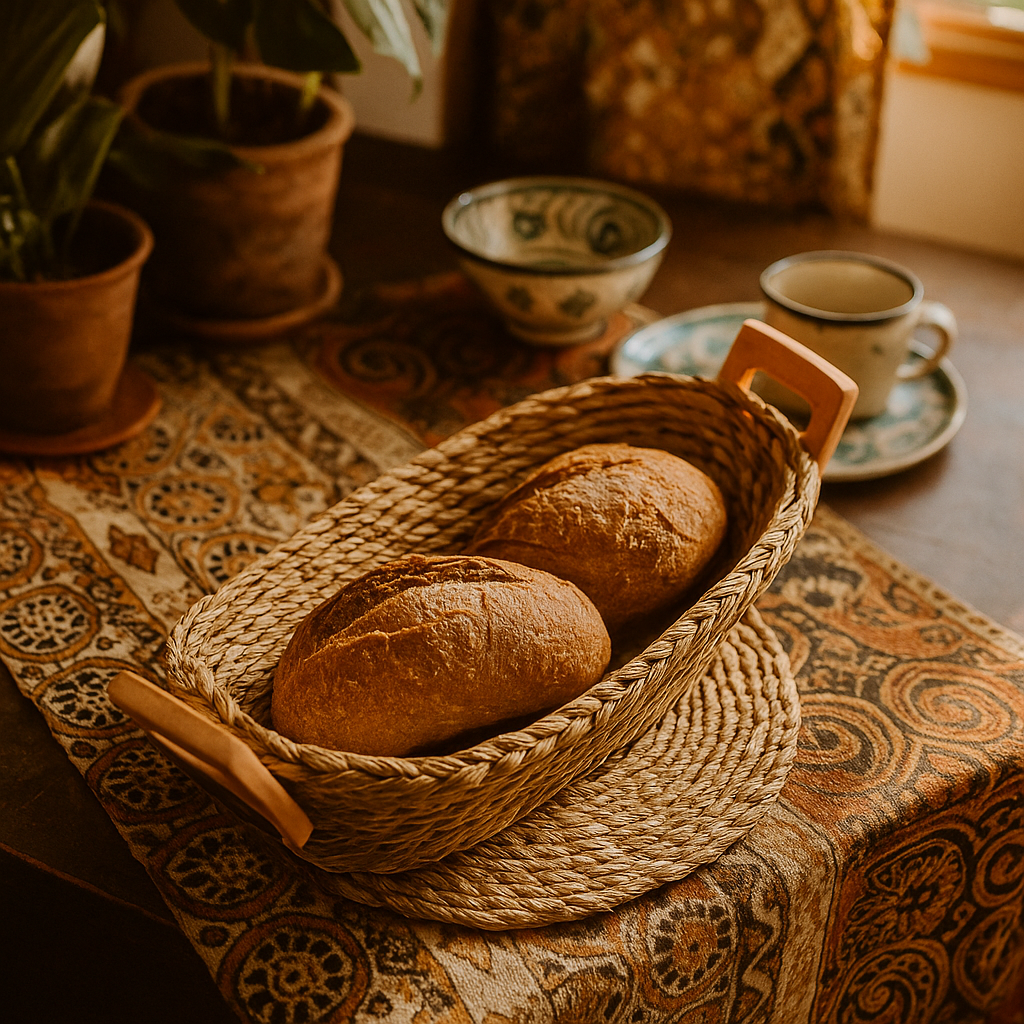 Wicker basket with bread on a patterned tablecloth with a cup and saucer in the background.