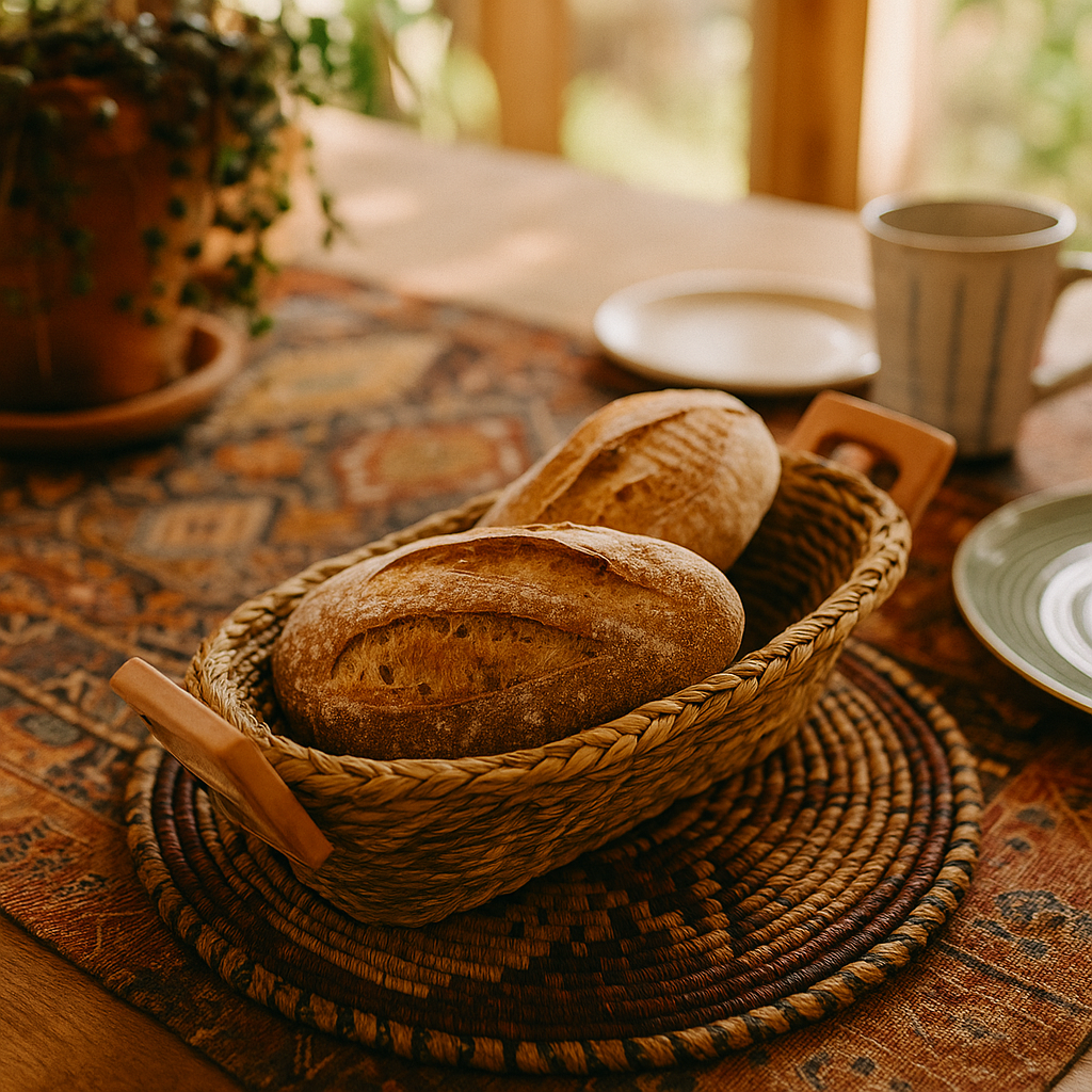 Loaves of bread in a woven basket on a textured table with a cup and plates in the background.