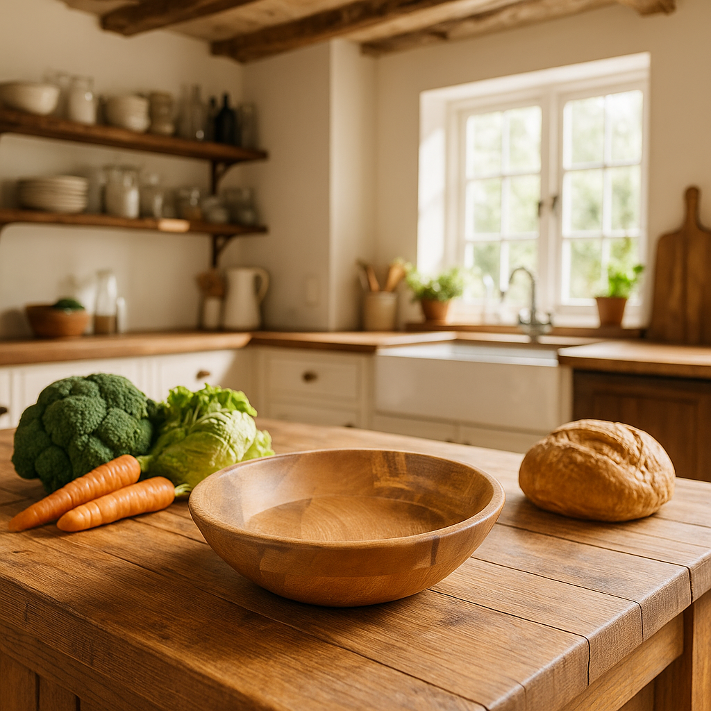 Wooden kitchen island with a wooden bowl, bread, carrots, and broccoli in a bright kitchen.