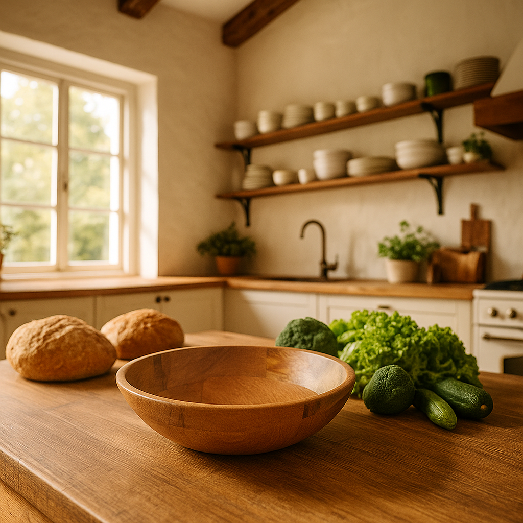 Wooden bowl on a kitchen counter with bread and vegetables, natural light coming through a window.