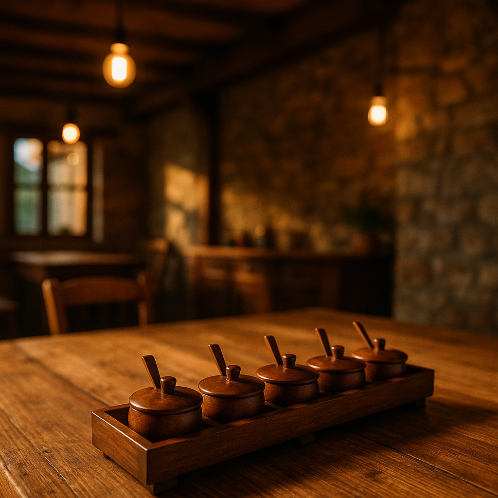 Gleemium Rosewood Condiment Set – 5 Pots with Spoons Shop in Australia