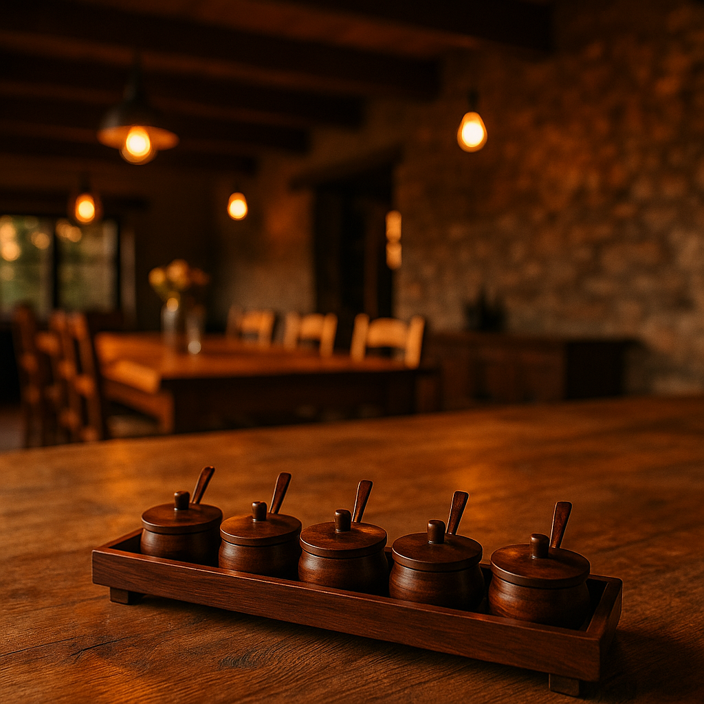 Gleemium Hand Turned Rosewood Condiment Set – 5 Pots with Spoons