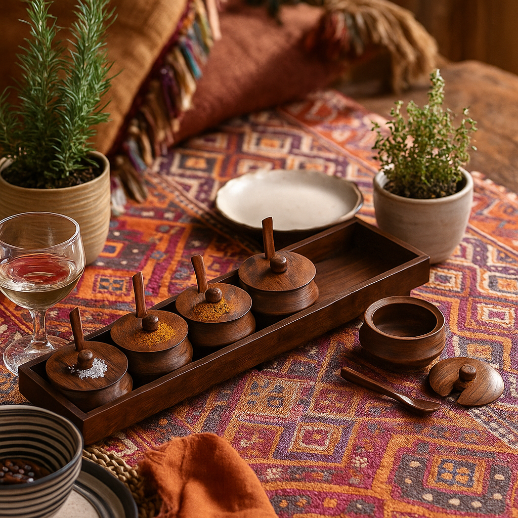 Hand Turned Rosewood Condiment Set – 5 Pots with Spoons