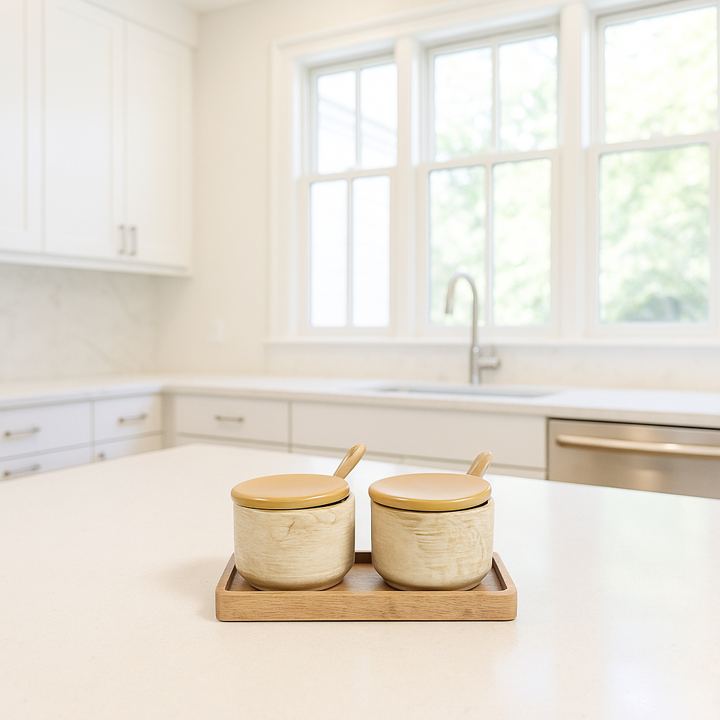 Set of Condiment Ceramic Bowls With Wooden Spoons