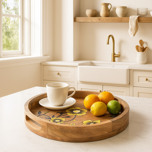 Printed Mango Wood Tray | Hand Printed Floral Serveware